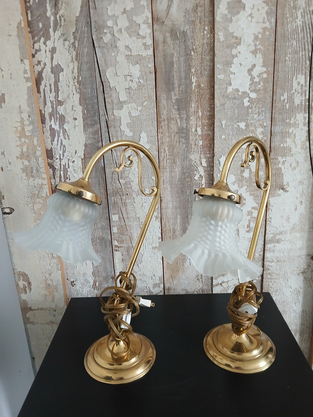 Vintage Brass Gooseneck Table Lamps with Frosted Glass Tulip Shades